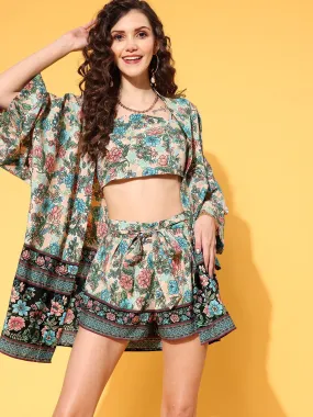 Berrylush Women Beige & Blue Floral Printed Crop Top & Tie-Up Front Shorts With Kimono