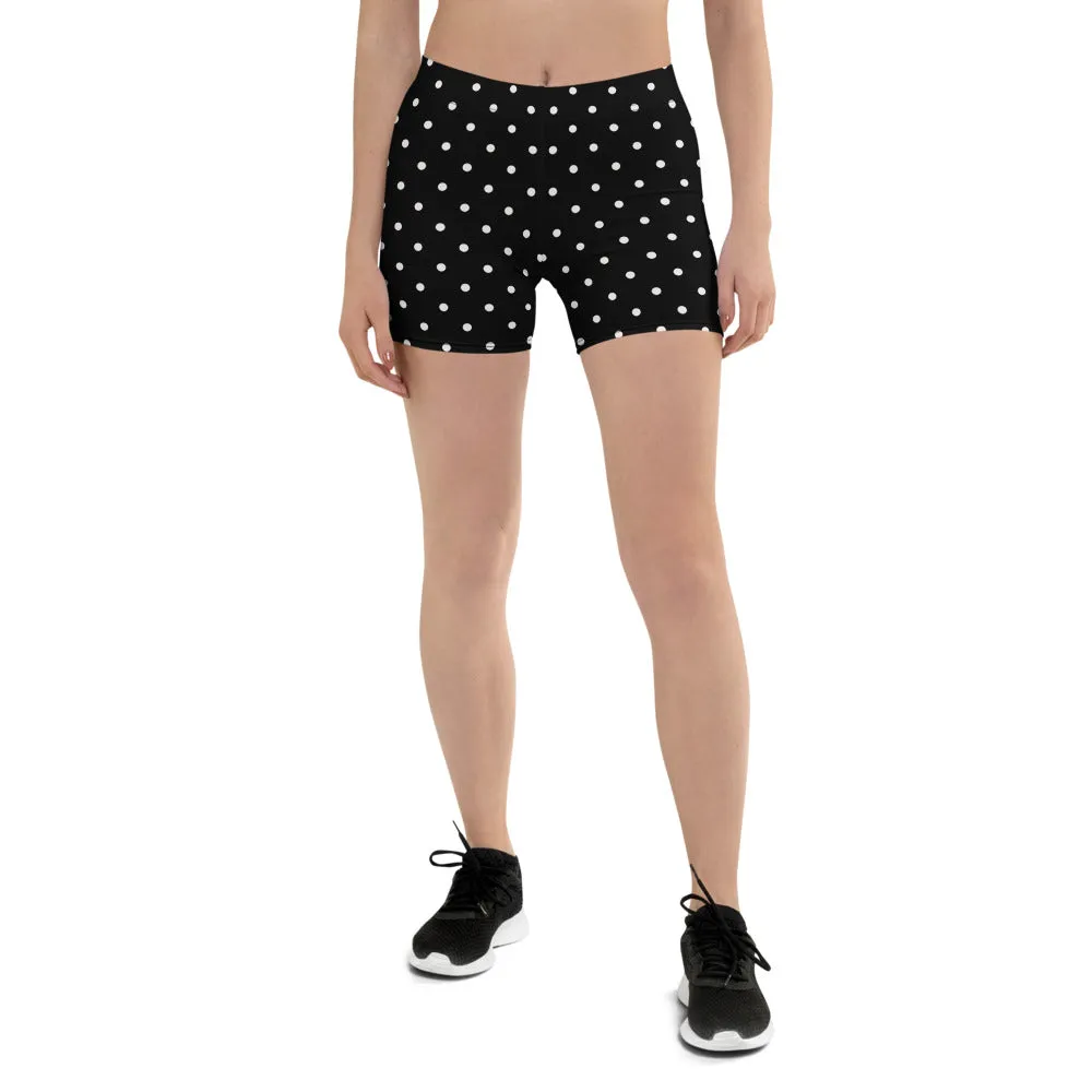 Black Dotted Women's Shorts, White Polka Dots Elastic Gym Soft Tights For Women-Made in USA/EU/ MX