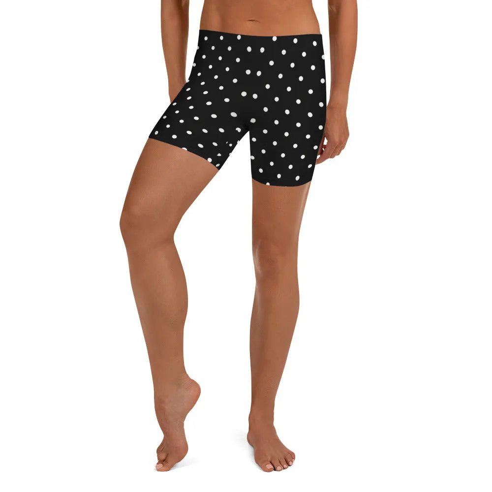 Black Dotted Women's Shorts, White Polka Dots Elastic Gym Soft Tights For Women-Made in USA/EU/ MX