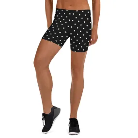 Black Dotted Women's Shorts, White Polka Dots Elastic Gym Soft Tights For Women-Made in USA/EU/ MX