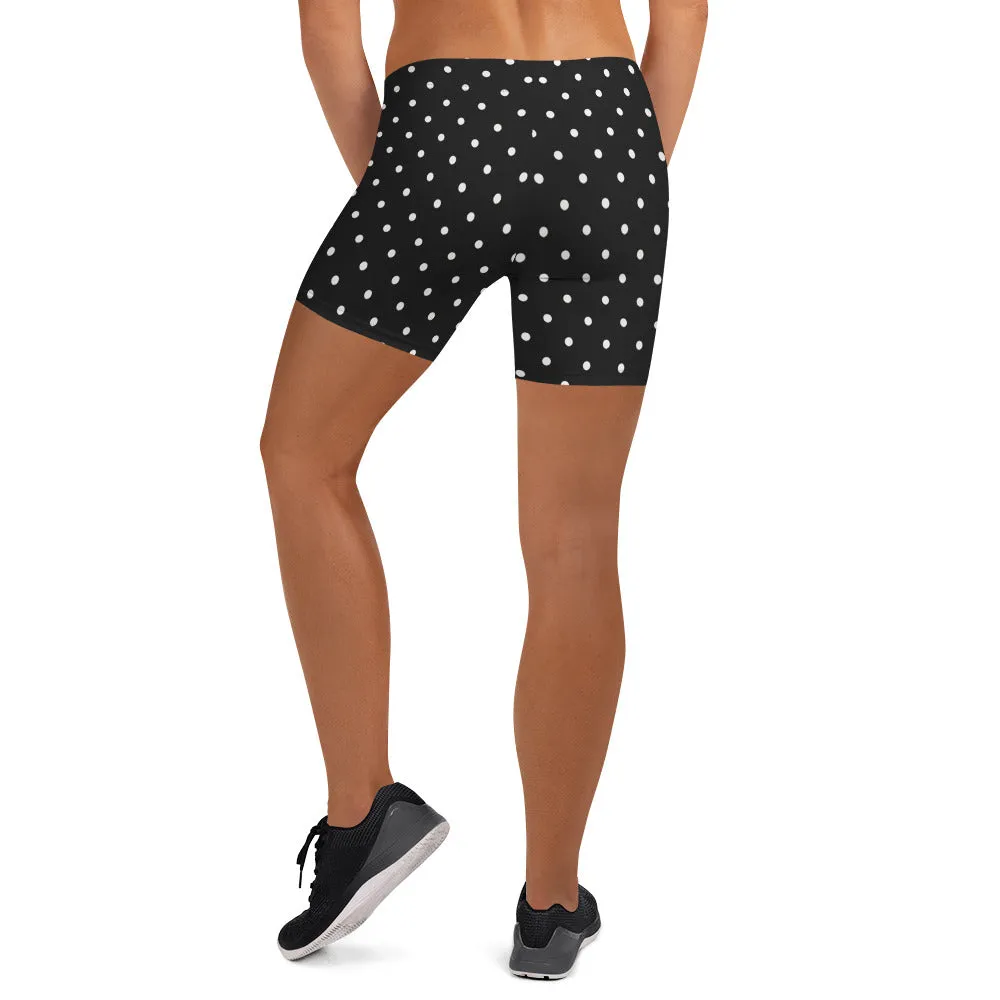 Black Dotted Women's Shorts, White Polka Dots Elastic Gym Soft Tights For Women-Made in USA/EU/ MX