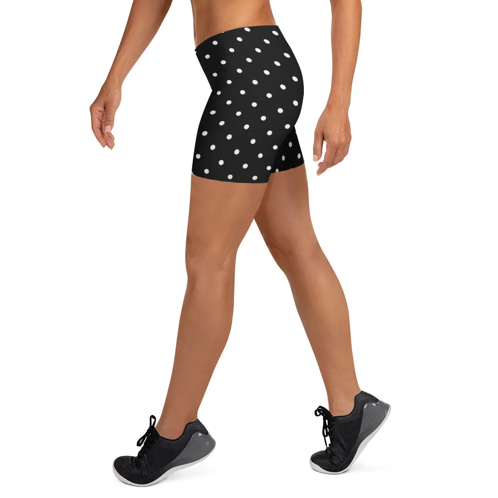 Black Dotted Women's Shorts, White Polka Dots Elastic Gym Soft Tights For Women-Made in USA/EU/ MX