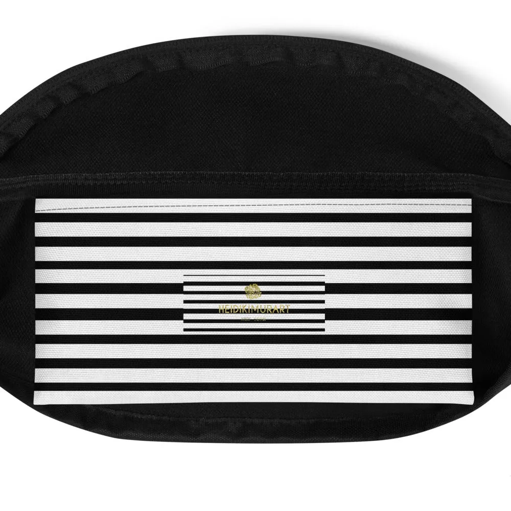 Black Striped Fanny Pack, White Best Horizontal Stripe Shoulder Bag- Made in USA/EU