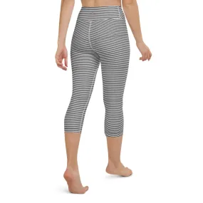 Black Striped Yoga Capri Leggings, Circus Women's Sports Athletic Tights-Made in USA/EU/MX