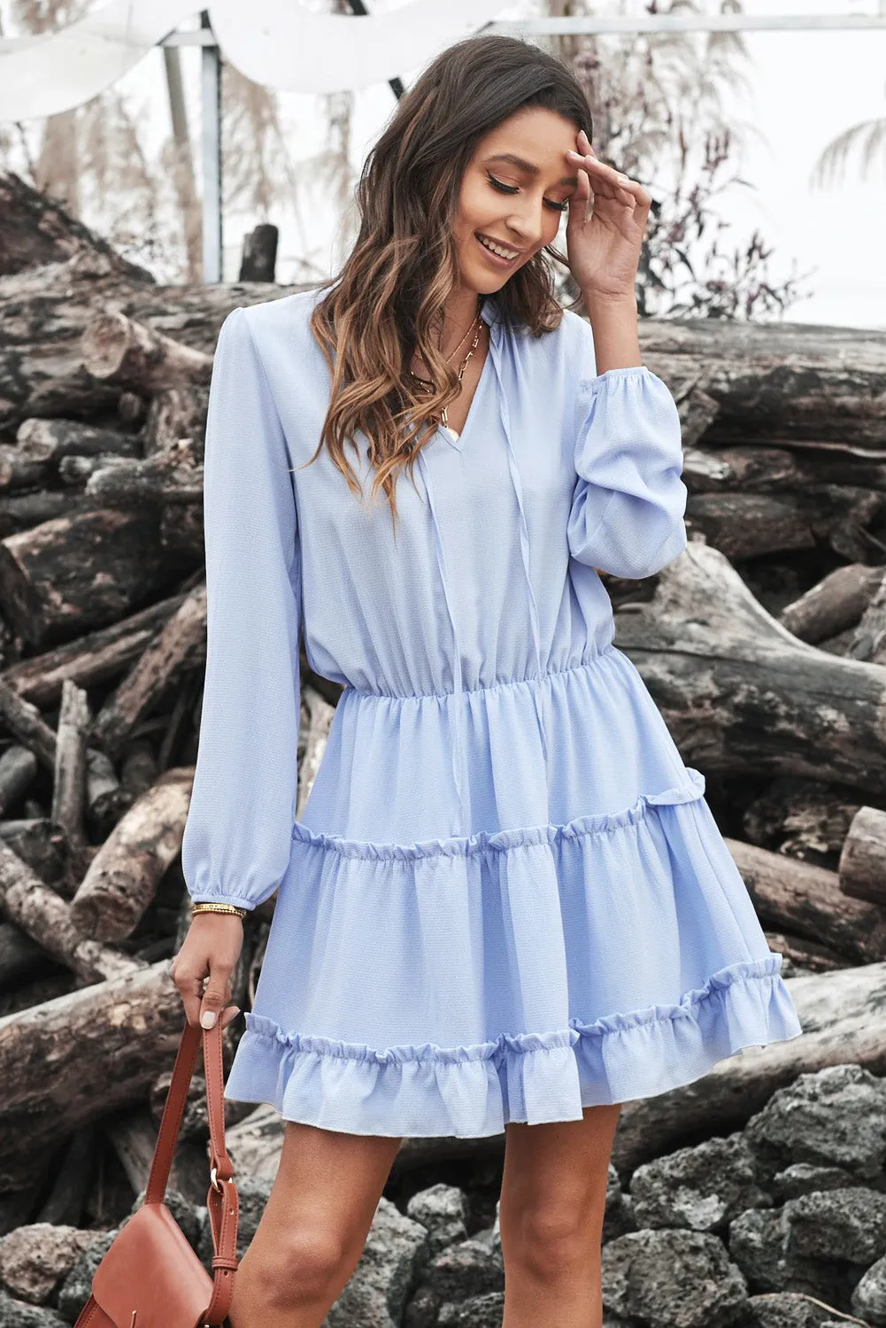 Blue V Neck Long Sleeve Ruffle Tiered Mini Dress