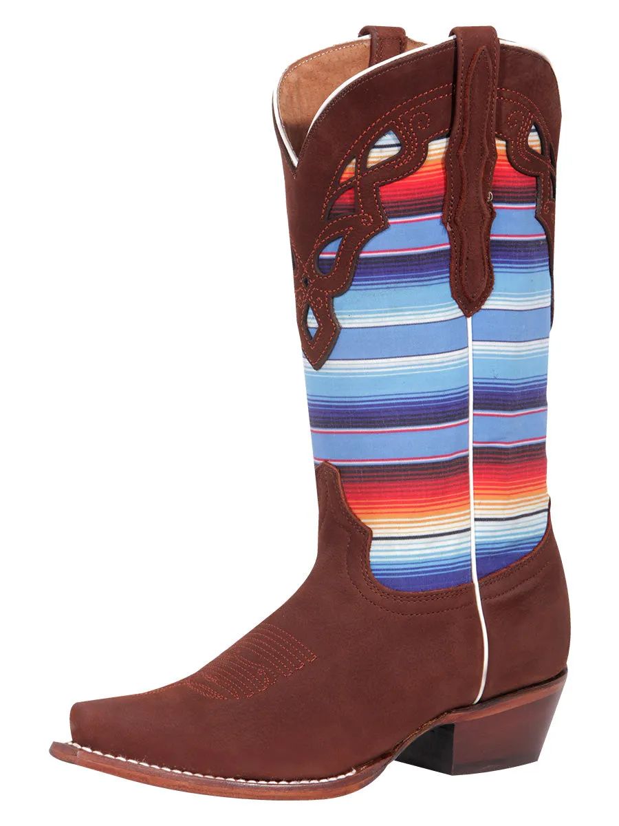 Botas Vaqueras Retro con Tubo de Sarape Print de Piel Nobuck para Mujer 'El General' - ID: 42986