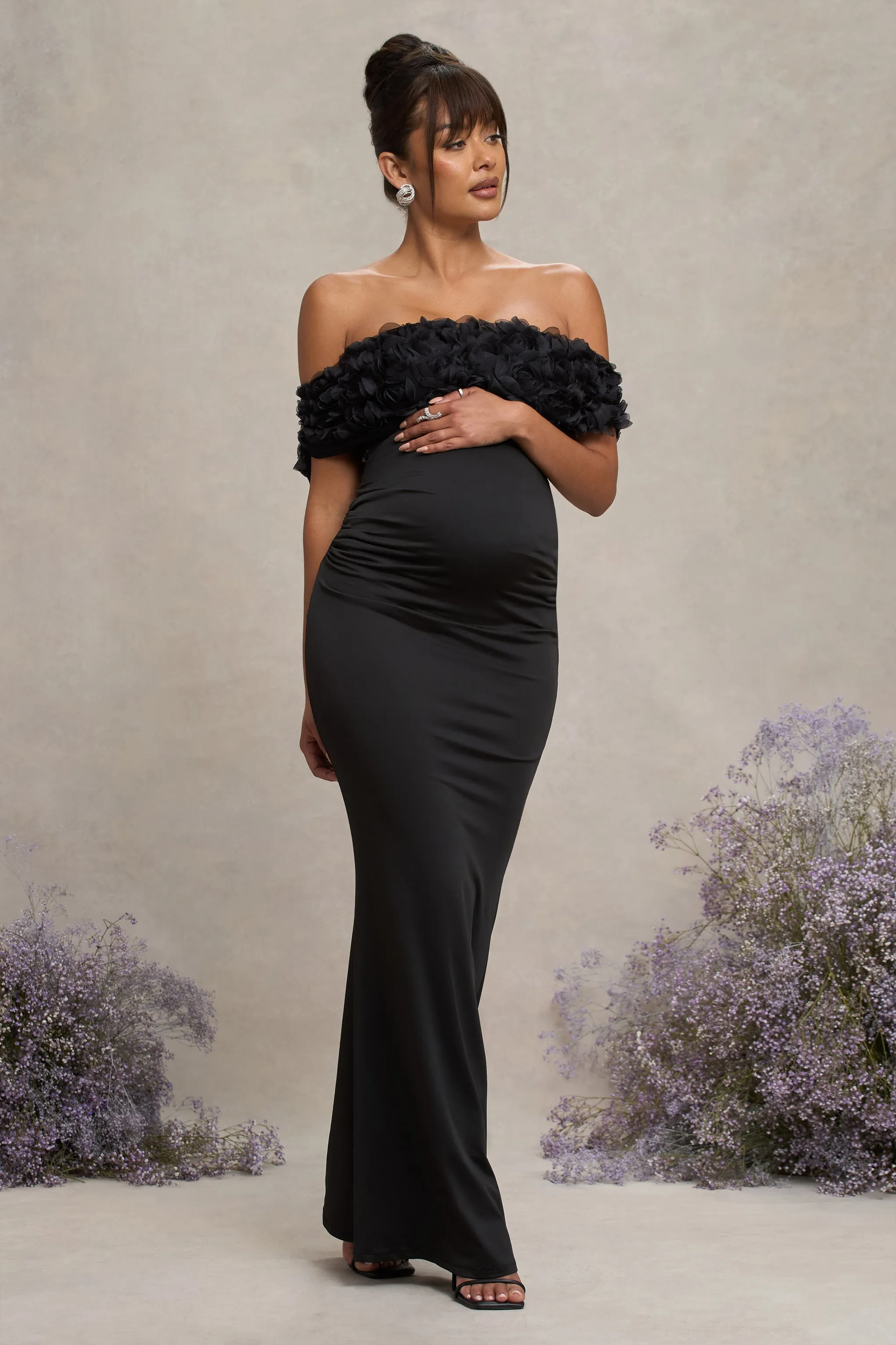 Inflorescence | Robe longue de maternité encolure bardot à fleurs en maille noire