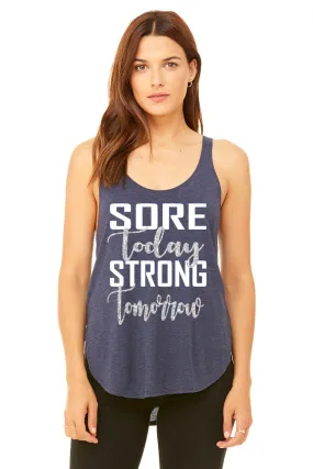 "Sore Today Strong Tomorrow" - Heather Navy Flowy Side Slit Tank (8802)